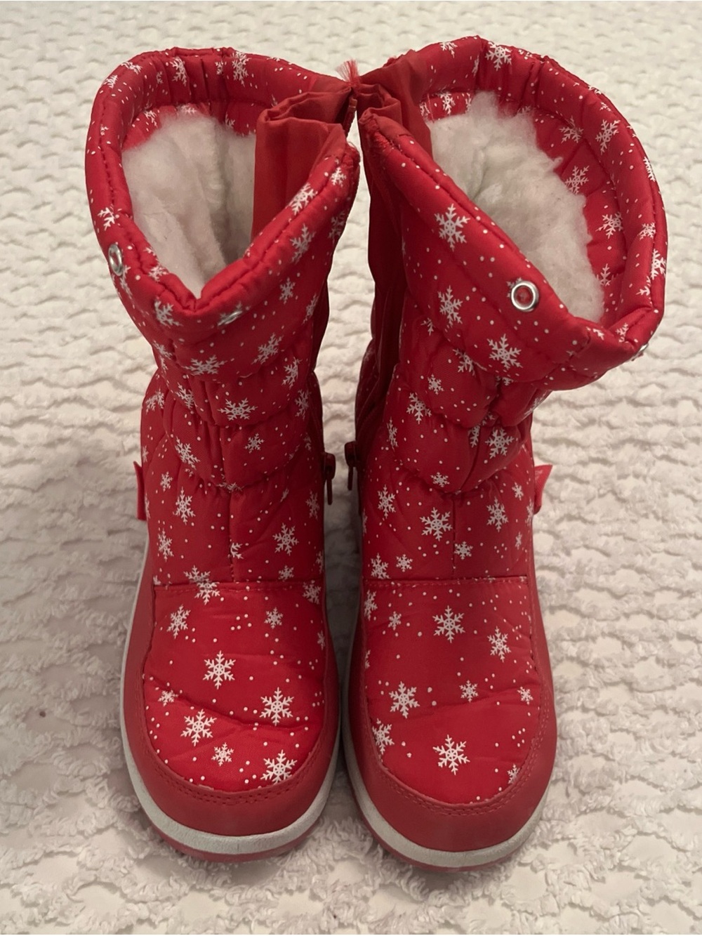 Red Kids Snowflake Boots with Faux Fur Lining 9” length of Sole